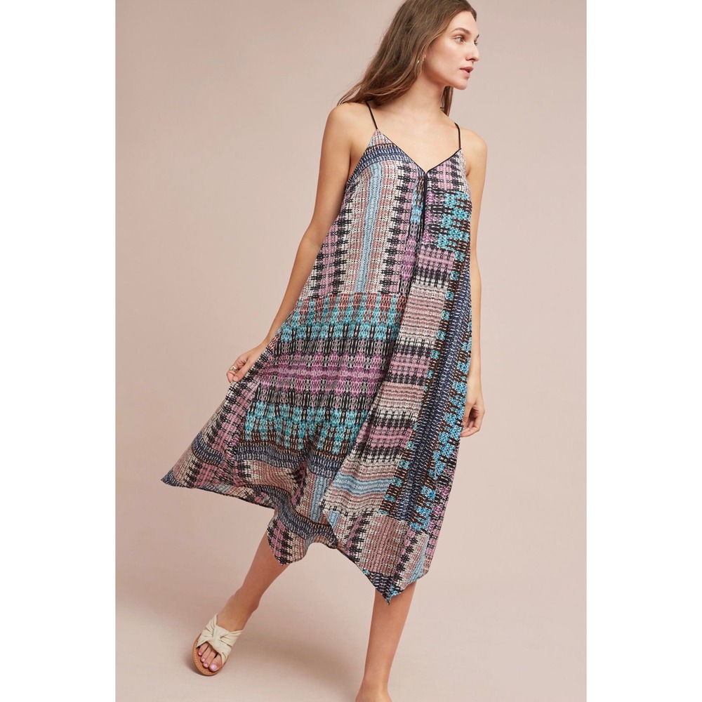 Akemi + Kin Batik Riviera Midi Dress Lg Multicolor Boho Resort Handkerchief Hem